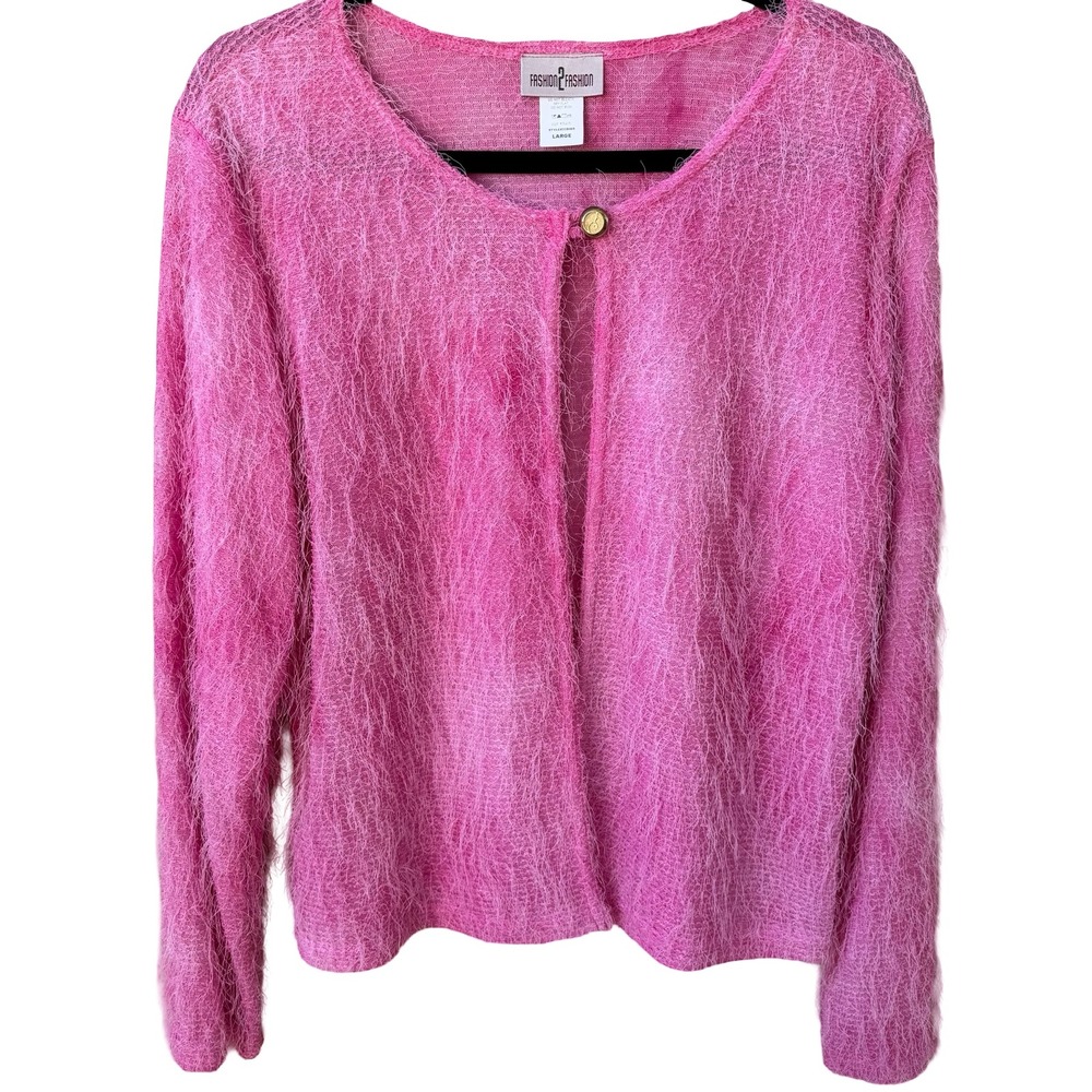 Fashion 2 Fashion Y2K Pink Eyelash Knit Cardigan Fuzzy Barbiecore Sweater L NEW